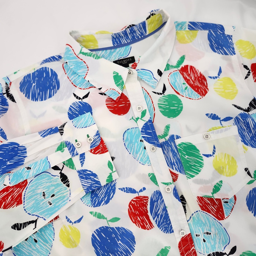 Talbots Woman Apple AOP Button Down Top Size X Teacher Kidcore Artsy Classroom‎